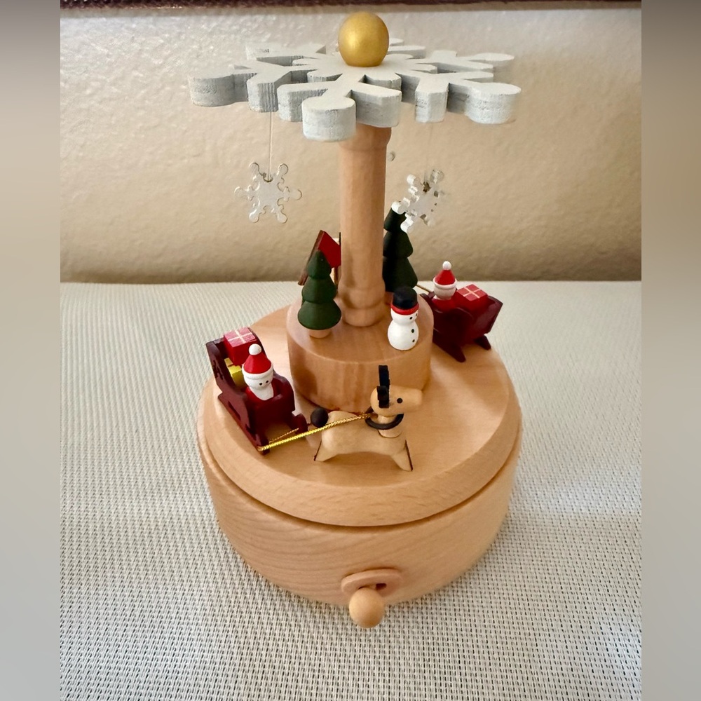Wooden Holiday Carousel with Santa and Snowman Music Box